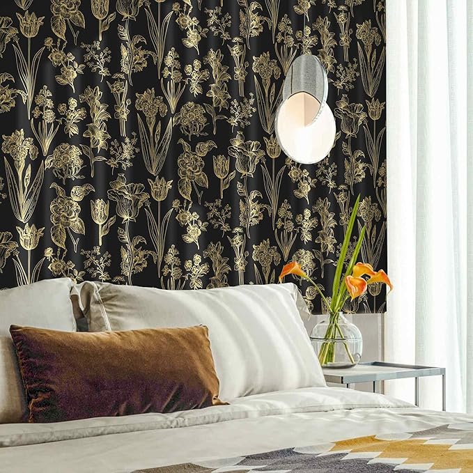 Dimoon 236"x17.3" Floral Wallpaper Peel and Stick Flowers Golden Black Contact Paper Thicken Waterproof Modern Self Adhesive Plants Wallpaper Removable Wall Paper Shelf Vinyl Roll