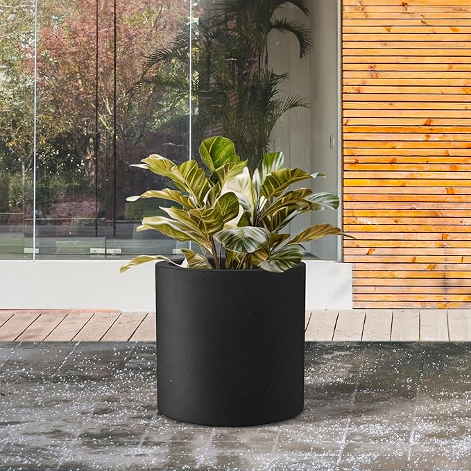 Kante 9.8" Dia Round Concrete Planter, Modern Style Large Cylindrical Plant Pot with Drainage Hole and Rubber Plug for Indoor Outdoor Patio, Black