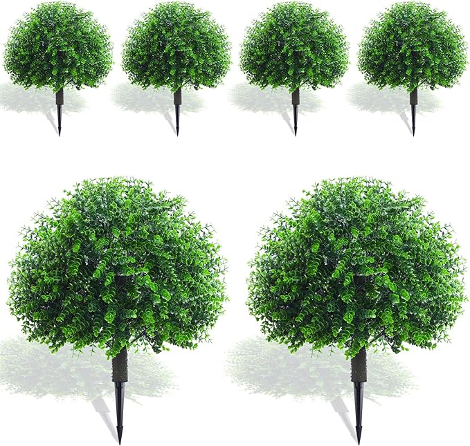 Yunlly 6 Pcs 18 Inch Artificial Boxwood Ball Topiary Tree Fake Outdoor Plants Bush, UV Resistance Faux Shrubs with Spike Realistic Greenery Potted for Indoor Garden Yard Porch Patio Decor (Green)