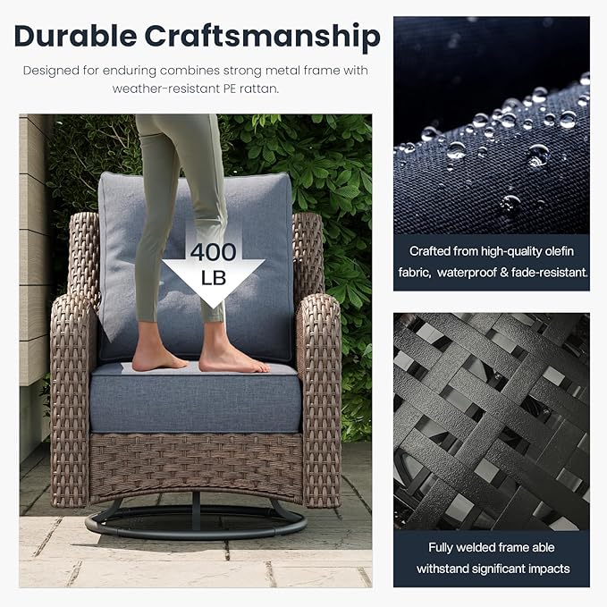 3 Pieces Outdoor Patio Furniture Sets with Rocking Swivel Chairs with 6-inch Thick Cushion and Side Table for Deck Lawn