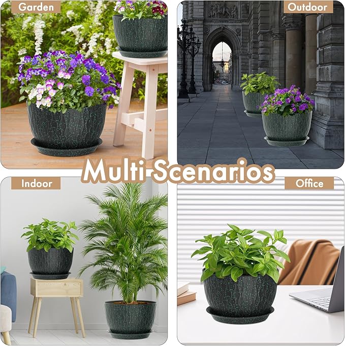 12 Inch Wide Water Ripples Flower Pots for Indoor or Outdoor Plants, Large Plant Pots with Drainage Holes & Saucer, Plastic Planters Set for Garden & Home Decor (Black with Green Speckles)