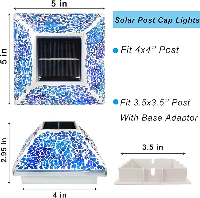 2PK Mosaic Solar Post Cap Lights Outdoor for 4x4, 3.5x3.5 Post Crackled Glass Deck Fence Lamp Weatherproof LED Light Decor in Garden, Yard, Outdoor Table, Balcony, Landscape- Cyan Blue
