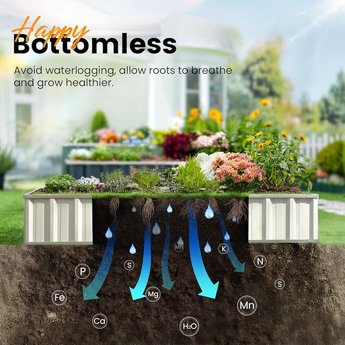 KING BIRD Raised Garden Bed 68"x 36"x 12" Galvanized Steel Metal Outdoor Garden Planter Box Kit with 2 Pairs of Gloves (Ivory)