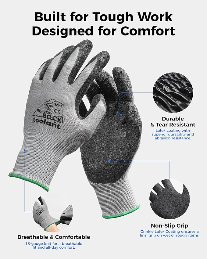 toolant Crinkle Latex Work Gloves Bulk, Rubber Coated Safety Work Gloves for Men and Women, 12 Pairs for Construction, Gardening, Warehouse (Black, Large)