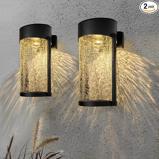 2PK Solar Outdoor Wall Lights with Crackle Glass Shade, Porch Fence Exterior Light Fixture Solar Powered Wall Scones