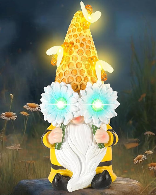 iStatue Garden Gnomes Outdoor Clearance with Solar Bee Lights - 9.5'' Resin Figurine Honeycomb Sunflower Spring Summer Decoration for Home Garden Decor Lawn Ornaments (Mr Bee Gnome)