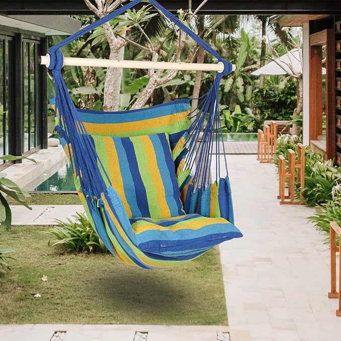 Highwild Hammock Chair Hanging Rope Swing - Max 500 Lbs - 2 Cushions Included - Steel Spreader Bar with Anti-Slip Rings - for Any Indoor or Outdoor Spaces (Blue Striped)