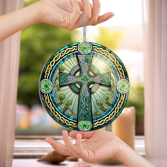 Irish Gifts, St Patricks Day Decor - Birthday, Christmas, Good Luck Irish Gifts for Men Women, Shamrock Decorations, Celtic Cross Home Decor - Window Suncatcher Hanging Decorations 6 in