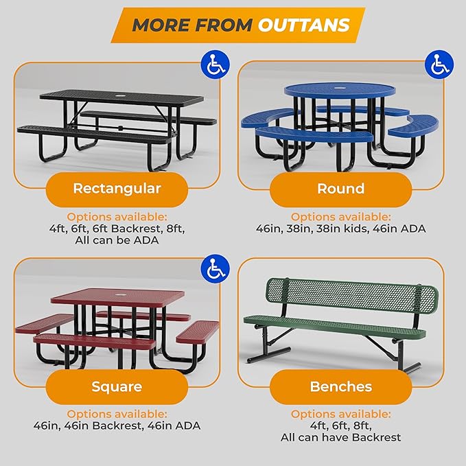 Metal Picnic Tables for Kids for Outdoors with Umbrella Hole - Coated Steel Heavy Duty Commercial Grade Table with Adjustable Seats (Green, 38 in, Kids, Expanded Steel)