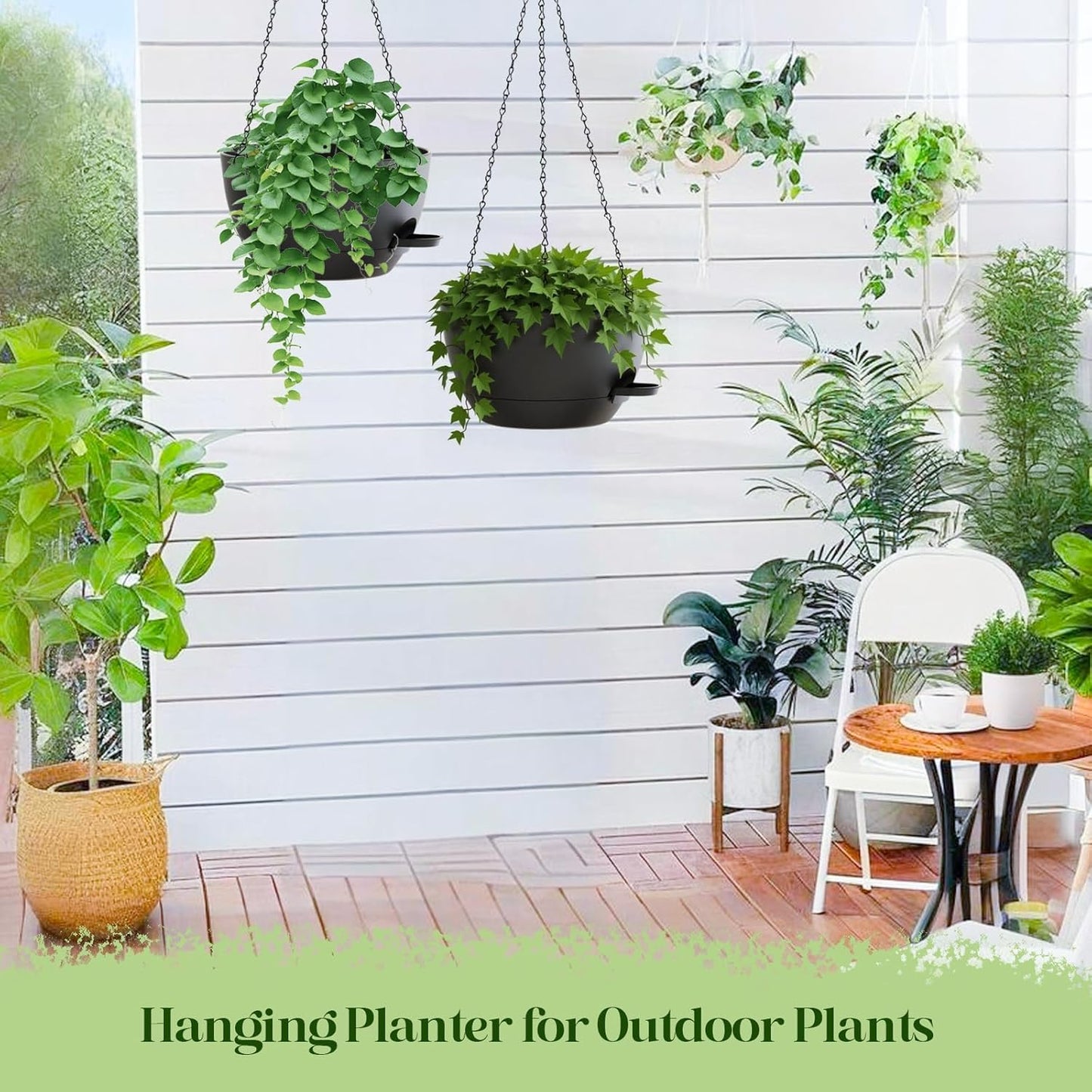 10 Inch Hanging Planters with Chains 2 Pack Self Watering Black Plastic Hanging Pots for Indoor Outdoor Plants, Garden Porch Home Decor (Black)