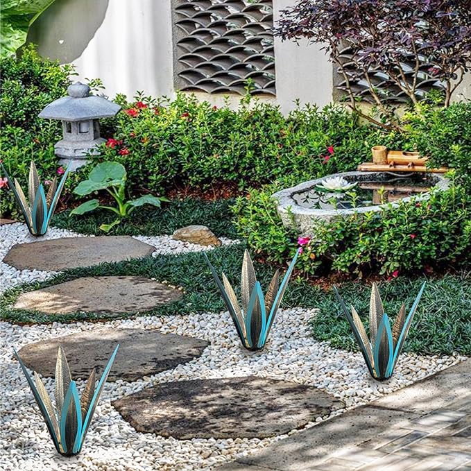 1 PCS 9 inches Agave Sculpture Decoration, Vintage Country Hand-Painted Sculpture DIY Metal Agave Plant, Home Garden Courtyard Lawn Outdoor Decoration