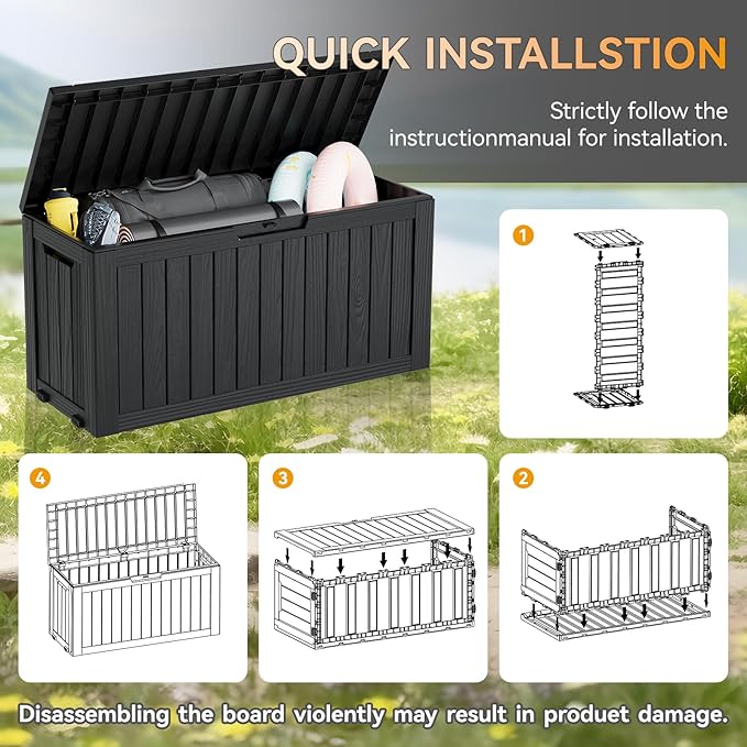 KAMABOKO Deck Box, 75 Gallon Resin Indoor and Outdoor Storage Boxes Waterproof for Garden Tools, Pool Accessories Storage Bench, Patio Furniture and Cushions with Lockable Lid, Black