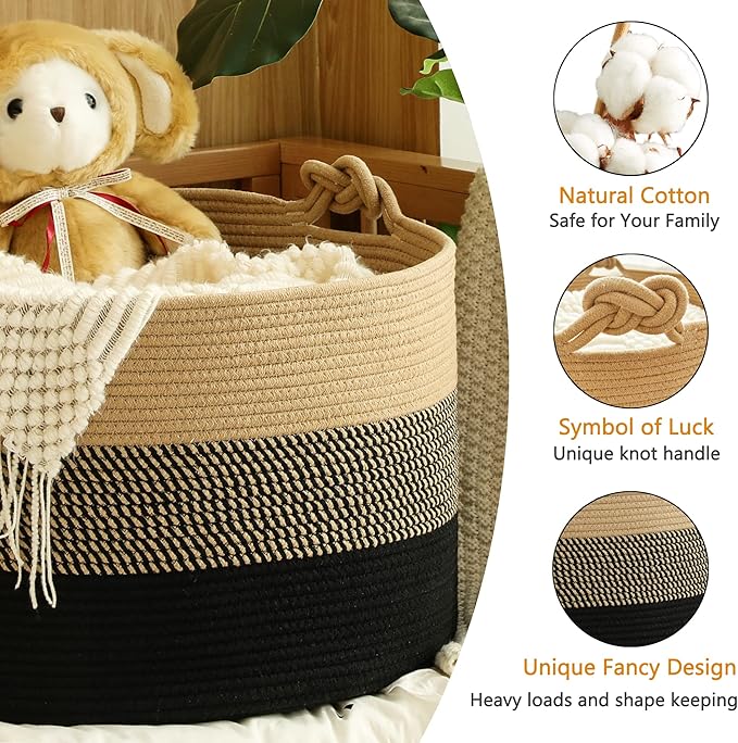 KAKAMAY Large Blanket Basket (20"x13"),Woven Rope Baskets for storage Baby Laundry Hamper, Cotton Rope Blanket Basket for Living Room, Laundry, Nursery, Pillows,Baby Toy chest (Jute/Black)