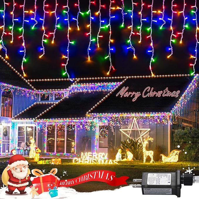JMEXSUSS 800 LED Christmas Icicle Lights Outdoor Plug-in, Multicolor Waterproof, 8 Modes With 160 Drops for Bedroom House Holiday Party Decorations