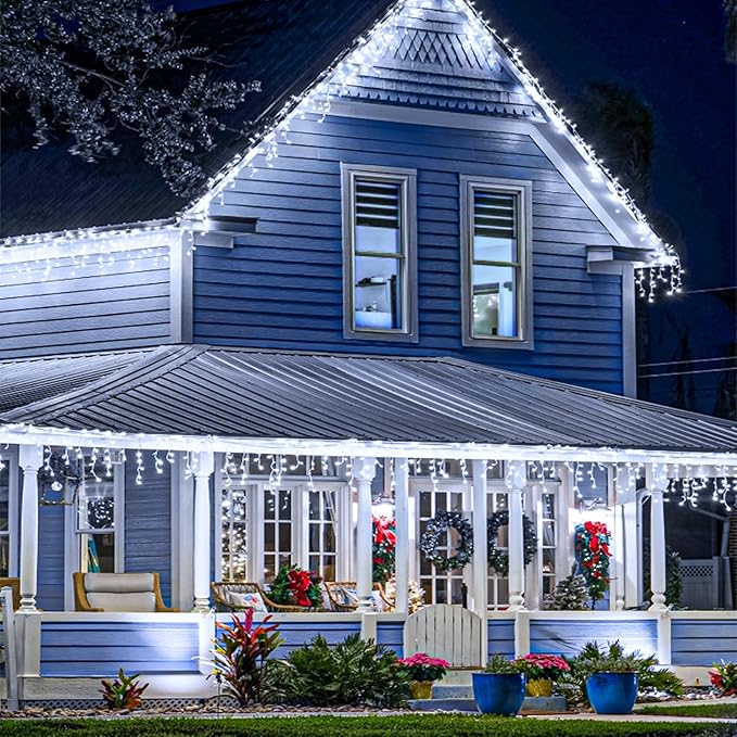 Icicle Christmas Lights, 98FT 1216 LED Icicle Lights for Outside with 228 Drops, 8 Modes Waterproof Twinkle String Lights for House Bedroom Wedding Holiday Decorations, White