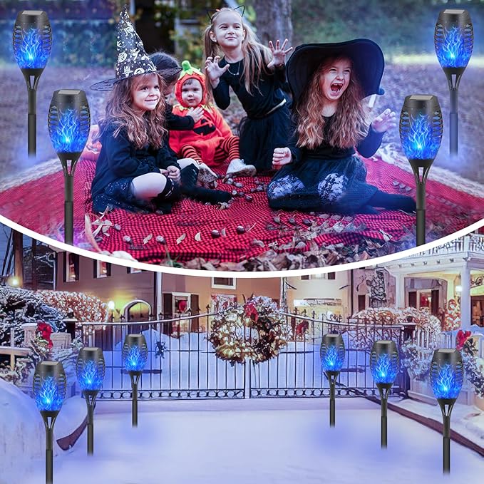 12-Pack Blue Solar Flickering Flame Torches – Waterproof Solar Garden Lights, Outdoor Solar Lights for Yards, and Flame Torches for Patio and Pathway Decorations