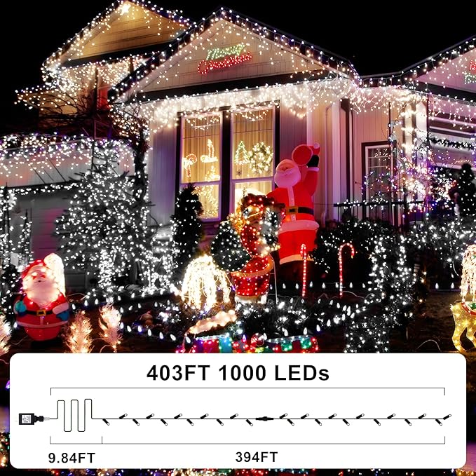 KNONEW 403FT 1000 LED Christmas Lights Outdoor String Light 8 Modes & Timer Fairy Lighting Plug in Waterproof for Xmas Yard Tree Wedding Party Holiday Decorations (Cool White)