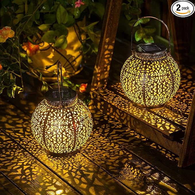 2Pack Outdoor Solar Lanterns Waterproof, Garden Gifts for Women, Rose Patio Garden Decor Lights , Warm White LED Table Lamp for Yard Art, Porch, Mothers Day Mom Grandma (Antique Bronze )