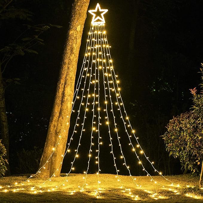 Christmas Decoration Lights, Outdoor Christmas String Lights 320 LED 11.5 Ft Waterfall Tree Lights with Big Star Topper 8 Light Modes for Christmas New Year Holiday Garden Yard Indoor Outdoor Decor