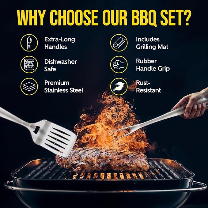 Kaluns BBQ Grilling Accessories, Grilling Gifts for Men Dad, Grill Tools for Outdoor Grill, Heavy Duty Stainless Steel Grill Set with Spatula, Tongs, Fork, Brush, & Grilling Mat, Best BBQ Gifts