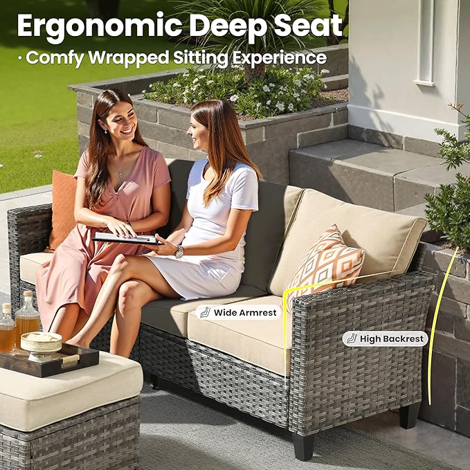 ovios 6 Pieces Patio Furniture Set with 54" Fire Pit Table, Outdoor Wicker Sofa with Comfy Cushions, All Weather High Back Rattan Couch Conversation Set, Beige