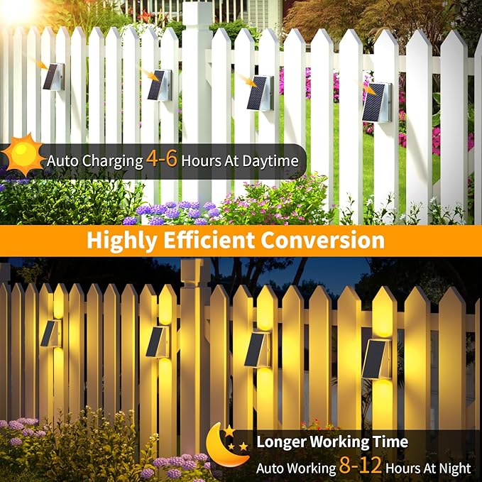 KINKAI Outdoor Solar Lights - 6 Pack Fence Lights Solar Deck Light Outdoor Wall Light with 11 Lighting Modes for Outside Garden Stairs Pool (Warm Light)
