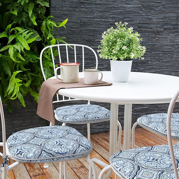 Indoor/Outdoor Chair Cushions 16x17 Inch, Patio Chair Cushions with Ties, All Weather Seat Cushions for Patio Furniture Home Garden Chair Use, Set of 2,Medallion Blue