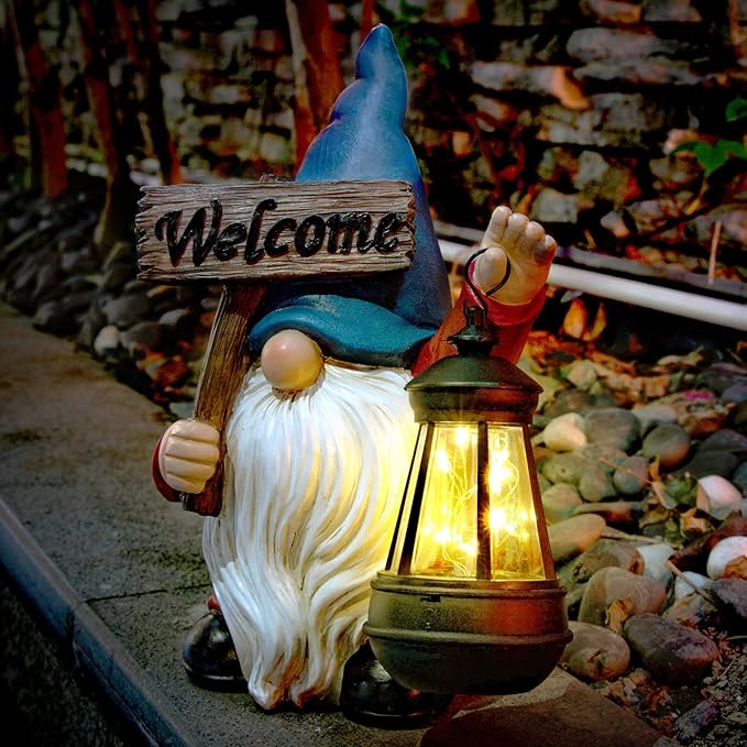 Garden Gnome Outdoor Decoration Solar Gnomes Statue with Lantern LED Lights,Terrace Courtyard Lawn Patio Porch Decoration Christmas Housewarming Gift for Woman Mom, Gnome Blue