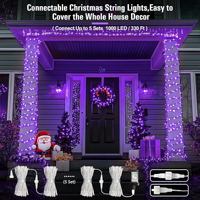 JMEXSUSS Purple Christmas Lights Indoor Outdoor Clear Wire, 66ft 200 LED Purple Lights for Christmas Tree, 8 Modes Purple String Lights Plug in for Christmas Bedroom Garden Party Xmas Decorations