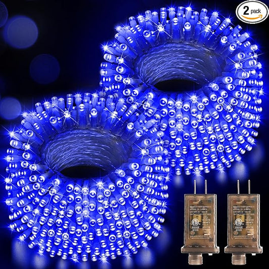 Hezbjiti 2 Pack 1000 LED 403 FT Christmas String Lights Outdoor, 8 Lighting Modes IP44 Waterproof Fairy Lights with Timer and Dimmable Function for Party Tree Decorations (Blue, Clear Wire)