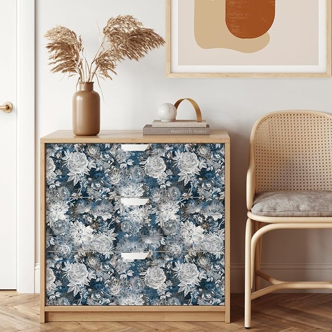 Vintage Garden Peel & Stick Floral Wallpaper - Removable White/Blue Vinyl Self Adhesive Mural - 17.7in x 9.84ft
