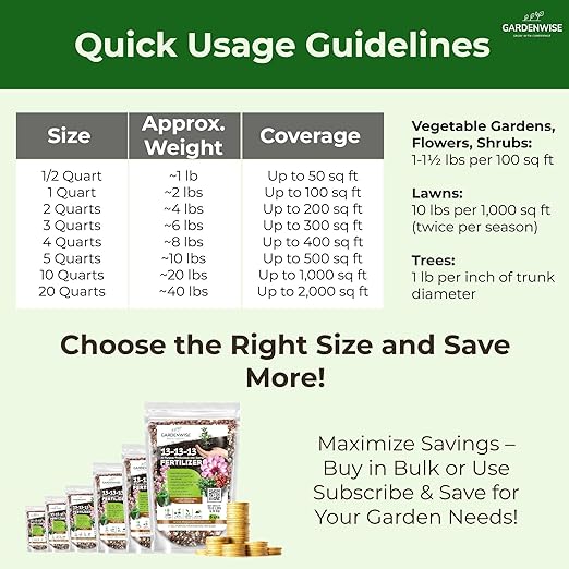 13-13-13 Slow Release Granular Fertilizer – All Purpose Plant Food 13 13 13 for Outdoor Grass, Vegetables, Roses, Flowers, Shrubs, Trees. Lawns, Gardens, Potted Plants (2 quarts)