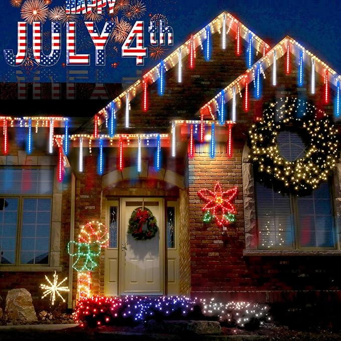 2-Pack 4th of July Lights Outdoor, 18 Tubes 432 LEDs Meteor Shower Lights Plug in, Patriotic String Lights Cascading Lighting for Inpendence National Memorial Day Garden Tree Decor(Red Blue and White)