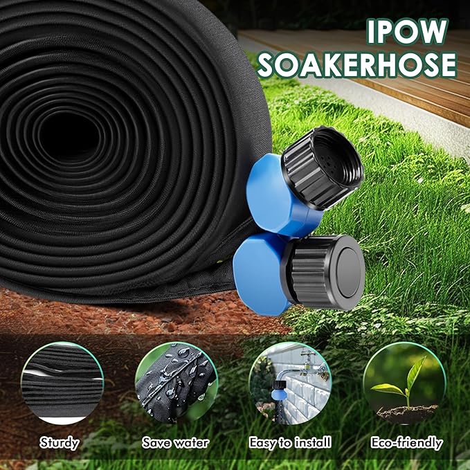 IPOW Heavy Duty Double Layer Design Saves 80% Water Leak Proof Soaker Hose, Drip Watering Hose for Garden, Lawn, Flower Bed, Vegetable Field (25 FT)