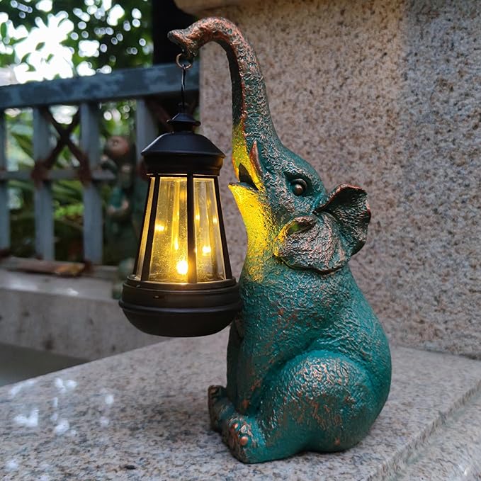 JOYBEE Garden Statues Elephant with Solar Lantern Outdoor Decor-Elephant Solar Figurines Lights Decorations for Patio Yard Lawn Ornaments-Gifts for Birthday Easter Housewarming