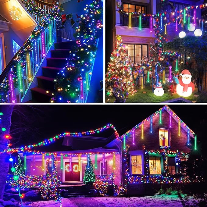 Christmas Outdoors Decoration, 32 Tubes Meteor Shower Lights Outdoor Indoor, Lauzior Snow Falling Icicle Cascading Lights for Christmas Halloween Decor Xmas Tree Holiday Yard Wedding Party, Multicolor