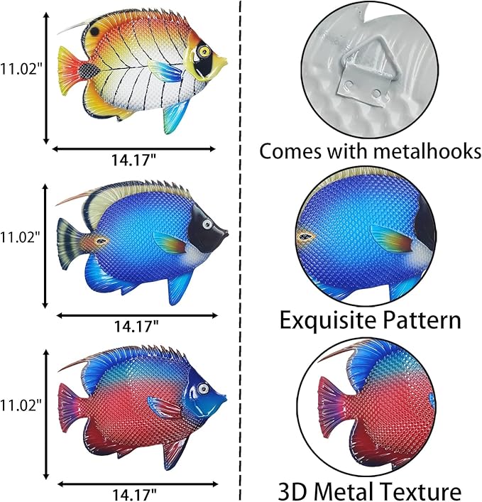 John's Studio Metal Fish Sea Wall Decor Outdoor Garden Hanging Art Sculptures Home Ocean Theme Decorations for Kitchen Bathroom and Pool - 3 PCS