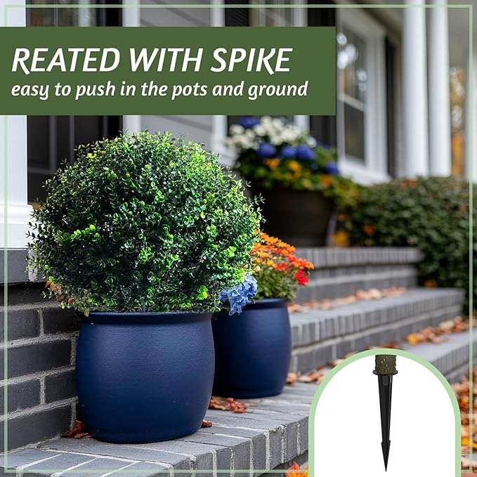 Yunlly 6 Pcs 18 Inch Artificial Boxwood Ball Topiary Tree Fake Outdoor Plants Bush, UV Resistance Faux Shrubs with Spike Realistic Greenery Potted for Indoor Garden Yard Porch Patio Decor (Dark Green)