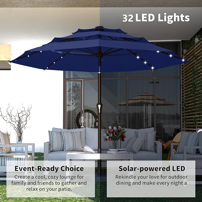 Kingdura 9ft 3-Tier Patio Umbrella with Solar Lights, Table Umbrella Outdoor Patio with Easy Crank & Tilt, 8 Sturdy Ribs, UV Protection, 32 LED Lights for Deck, Poolside, Market (Navy blue)