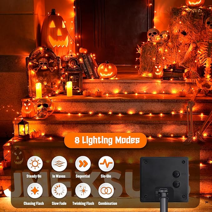 JMEXSUSS 2 Pack Orange Solar Halloween Lights, Total 400 LED 151FT Solar String Lights Outdoor Waterproof, 8 Modes Halloween Lights for Outside Tree Patio Yard Garden Halloween Decorations