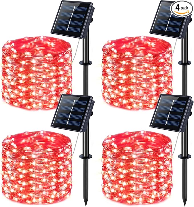 JMEXSUSS 4 Pack Red Solar Fairy Lights, Total 400 LED 132FT Red Solar Lights Outdoor Waterproof, 8 Modes Copper Wire Solar String Lights for Outside Patio Christmas Valentine Day Decorations