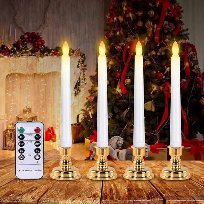 JOSU LED Window Candles, Christmas Flameless Window Candle Lights with Timer Battery Operated, 4 3D Wick Light Candle+4 Removable Gold Candleholders+Remote, for Decor &Festival Celebration