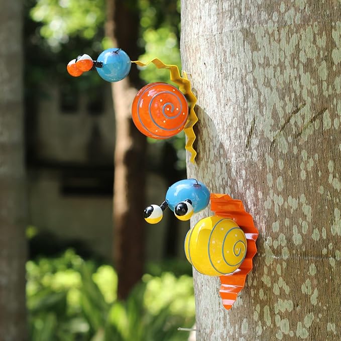 Metal Garden Decor Cute Snail Yard Art Outdoor Lawn Patio Ornament Fence Decorations for Outside - Set of 2(Yellow,Orange)