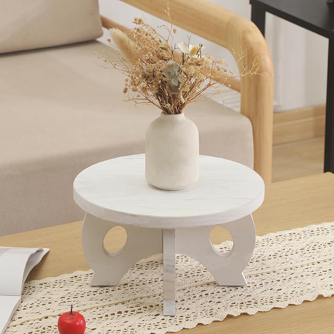 Small Plant Stand Kitchen Display Stand 10 inch Plant Holder Plant Stool Round Stand Risers Farmhouse Rustic Balcony Decor Pedestal Board Washed White