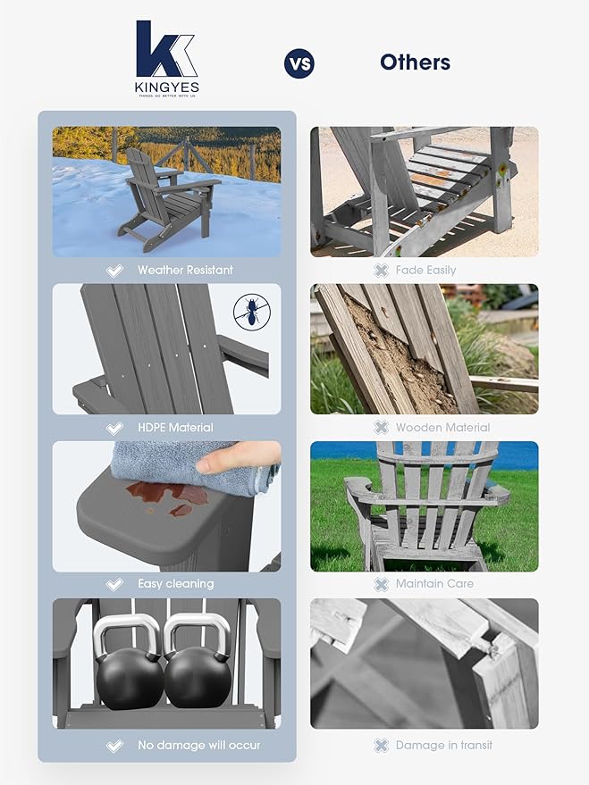 KINGYES Folding Adirondack Chair with Dual Cup Holders - HDPE All-Weather Outdoor Chairs, Wood-Like Patio Chair for Backyard, Camping, Pool & Fire Pit, Grey