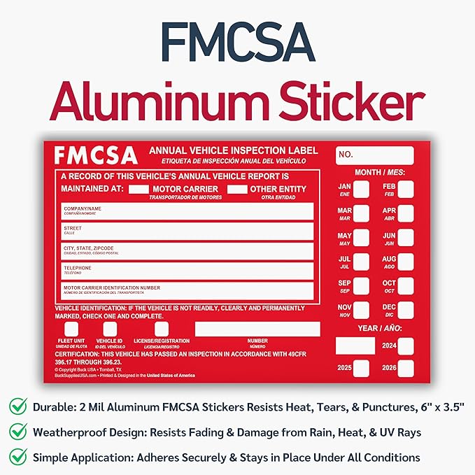100 Pack Buck Aluminum Annual Vehicle Inspection Label with Punch Boxes, 2 Mil Red FMCSA Self Adhesive Sticker, DOT Compliant, Weatherproof, Tear Resistant, Easy to Write On, 6" x 3.5" - Made in USA