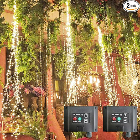 2 Pack 220 LED Firefly Bunch Lights, 8 Flashing Modes Waterproof Copper Wire Waterfall Lights, Fairy Lights for Indoor Outdoor Decor (Solar Warm White)