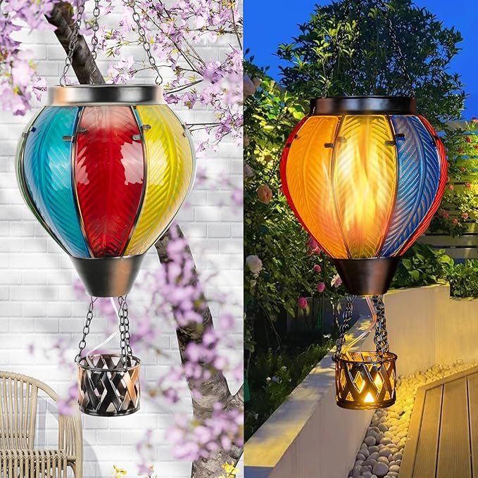 Hot Air Balloon Solar Lantern with Flickering Flame, Hanging Solar Lantern Metal Outdoor Waterproof Lights for Garden Yard Porch Patio Decorations Christmas Gifts (Multi-Colored Glass)