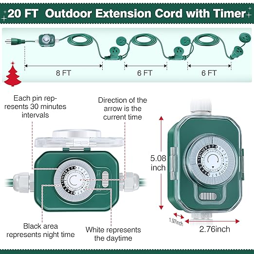 Feekoon 20 FT Extension Cord Splitter with Timer and 3 Outlet Plug, 16awg SJTW Outdoor Extension Cord with Multi Outlet Safety Cover for Holiday Lights Garden Patio Christmas Outdoor Decorations