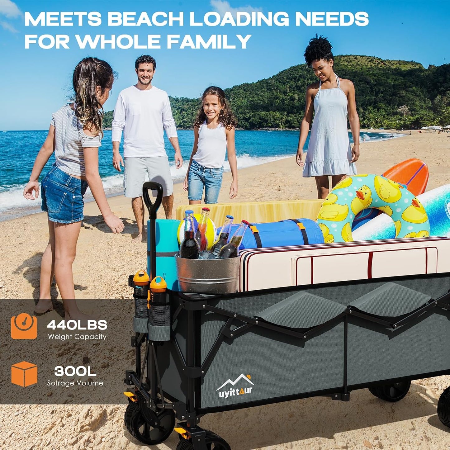 300L Extra Large Collapsible Foldable Wagon, 440lbs Load Capacity 48''L Extended Heavy Duty Folding Beach Wagon with Big All-Terrain Wheels, Utility Garden Cart for Outdoor Activities, Gray